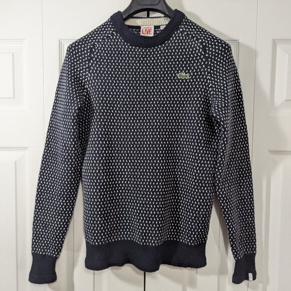 Lacoste Blue and White Jaquard Crew neck Pullover Sweater - Size M - Picture 1 of 10